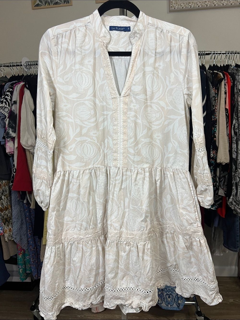 La Plage 100% Cotton Ivory and Beige Botanical Boho Dress Sz Small - Picture 2 of 7